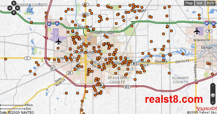 Location of Real Estate Sales in the South Bend Area MLS for July 2009